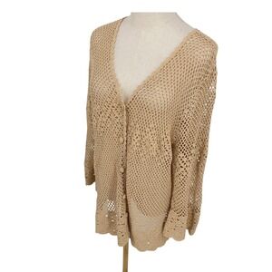 Tan Cardigan Beach Cover Up XL Crochet Open Knit Scalloped Button Front Coastal
